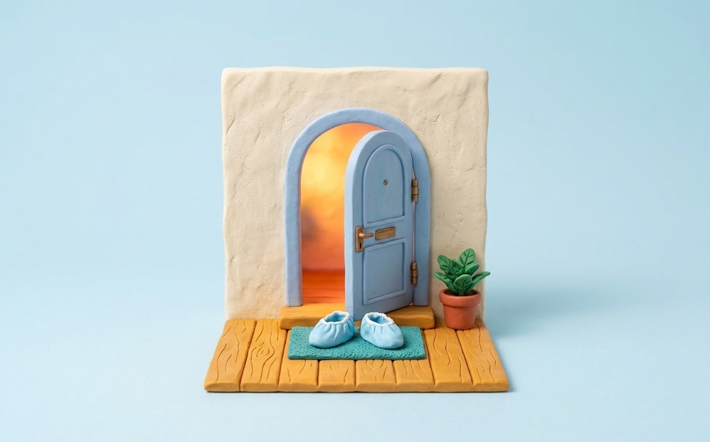 Clay illustration of an open front door with blue shoe covers on the welcome mat