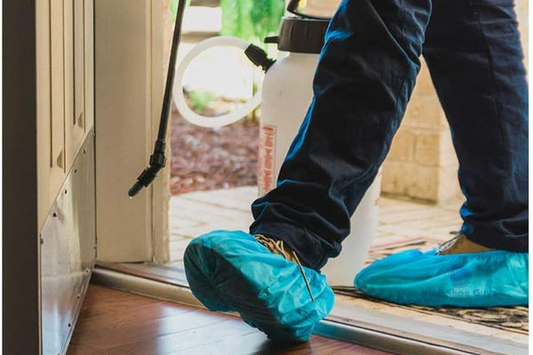 Worker wearing blue shoe covers at a doorway
