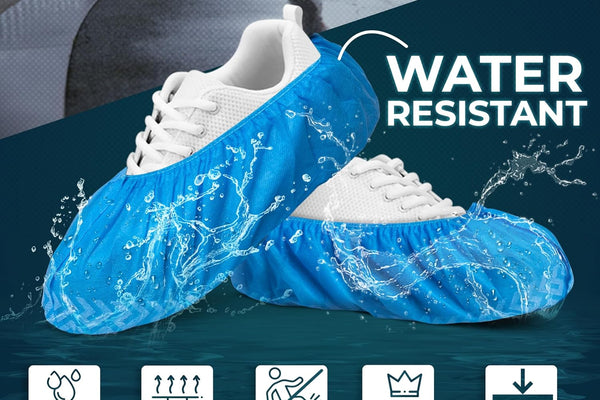 Blue Shoe Guys disposable shoe cover features: water-resistant, non-slip, durable