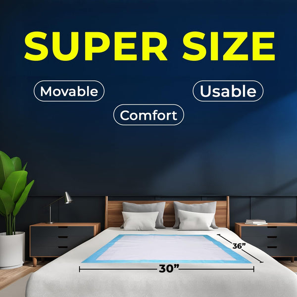 Super Absorbent Disposable Bed Pads 30"x36" (50 Count) – Leakproof Underpads for Adults, Incontinence, Baby Changing & Puppy Pee Pads – Quick Dry, Waterproof, Dog Training & Bed Protection