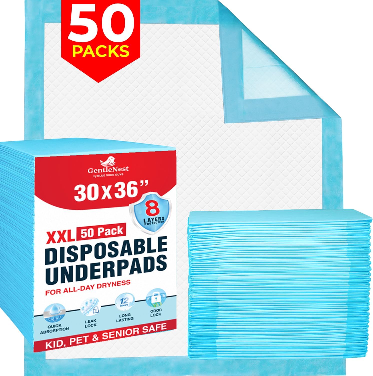 Super Absorbent Disposable Bed Pads 30"x36" (50 Count) – Leakproof Underpads for Adults, Incontinence, Baby Changing & Puppy Pee Pads – Quick Dry, Waterproof, Dog Training & Bed Protection