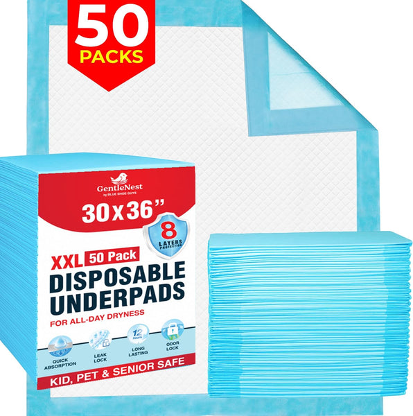 Super Absorbent Disposable Bed Pads 30"x36" (50 Count) – Leakproof Underpads for Adults, Incontinence, Baby Changing & Puppy Pee Pads – Quick Dry, Waterproof, Dog Training & Bed Protection