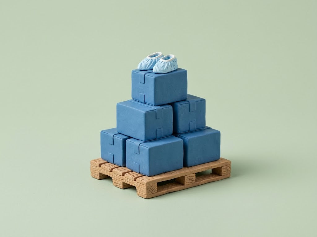 Clay stack of blue boxes on a pallet