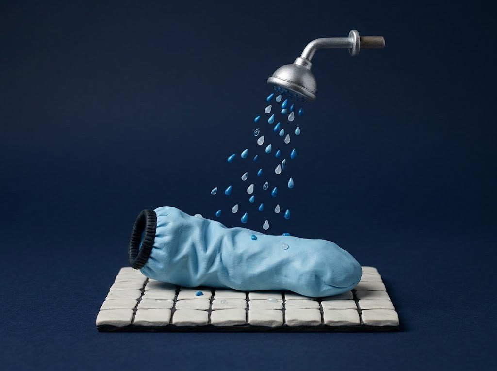 Clay shower head over a blue waterproof arm sleeve