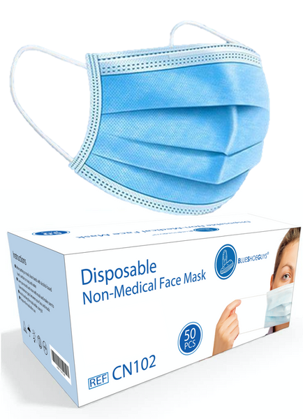 Blue Shoe Guys Safety Masks - 3 Layer Disposable Protective Face Masks with Nose Clip and Ear Loops (Box of 50) - Blue Shoe Guys ®